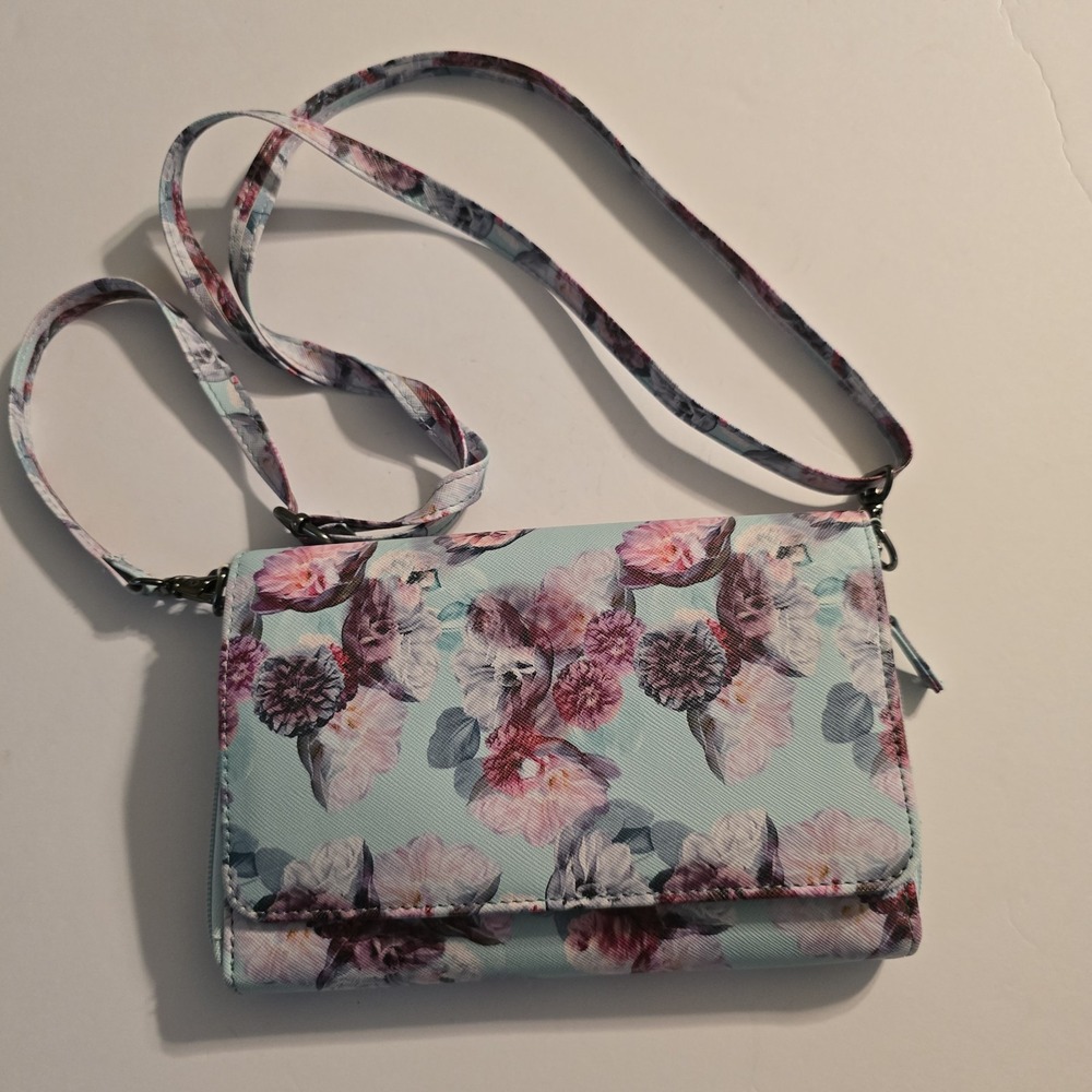 Floral Crossbody Wallet Bag Mint Green Pink Purple Faux Leather Small Handbag